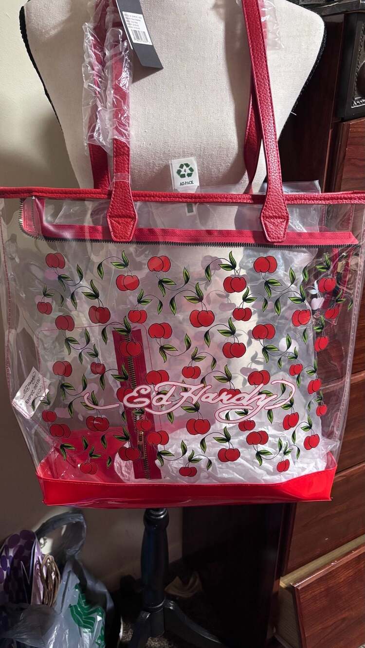 Ed Hardy Red Cherries Clear PVC Tote Bag One Size NWT - Picture 4 of 6
